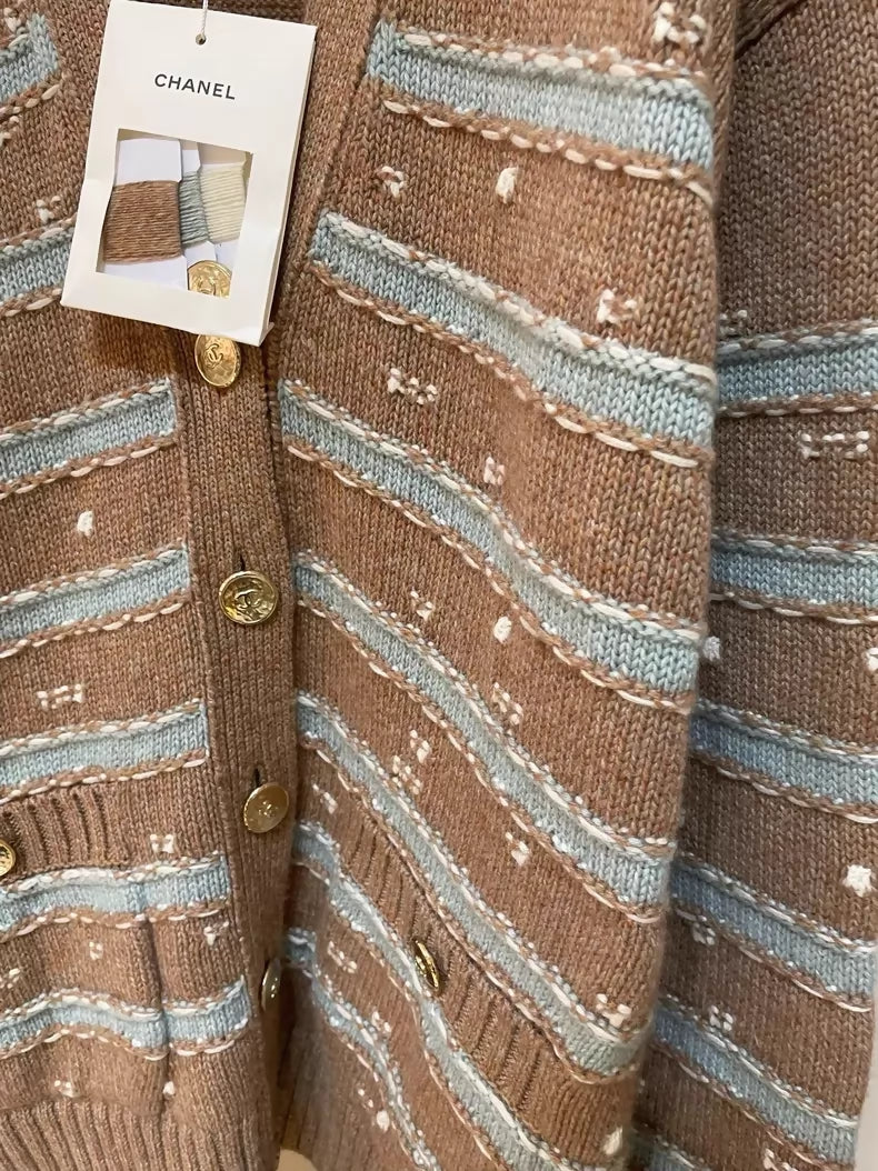 Chanel 24k Brown Striped Sequined Knit Cardigan Sweater