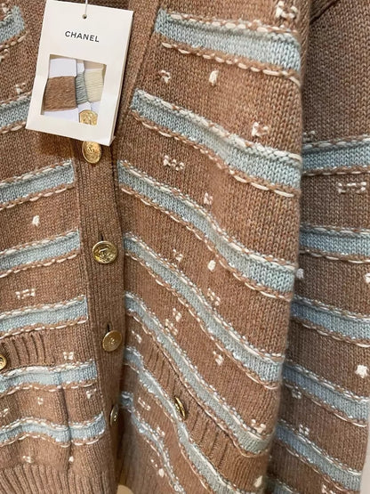 Chanel 24k Brown Striped Sequined Knit Cardigan Sweater