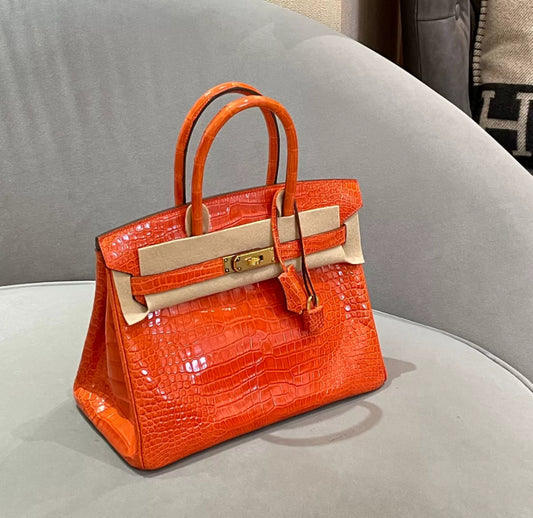 Hermès Birkin 30 Orange Shiny Porosus Crocodile Gold Hardware