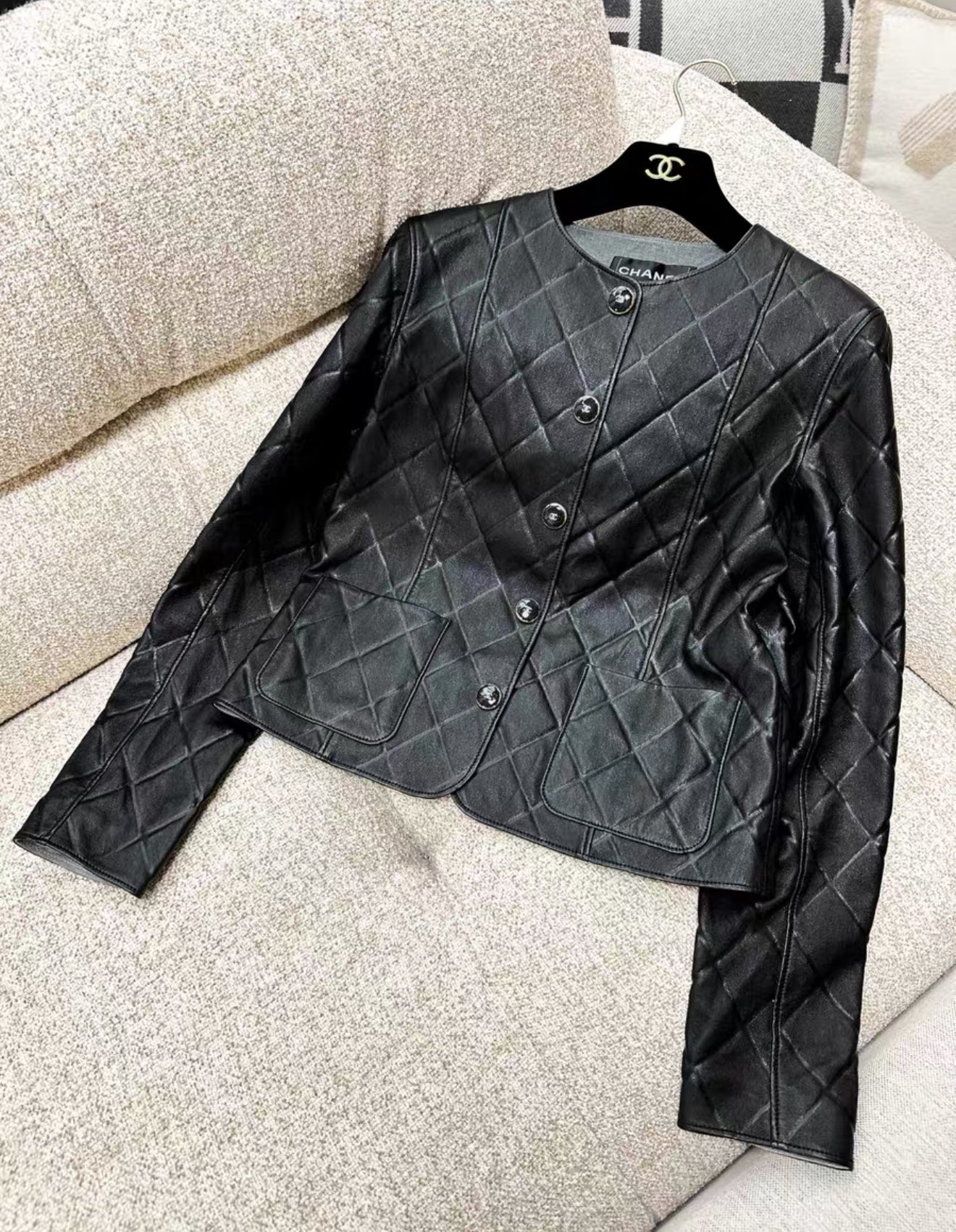 Chanel 25P black diamond pattern lambskin leather jacket