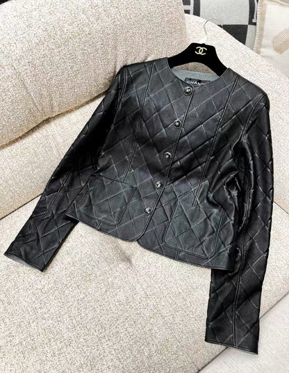 Chanel 25P black diamond pattern lambskin leather jacket