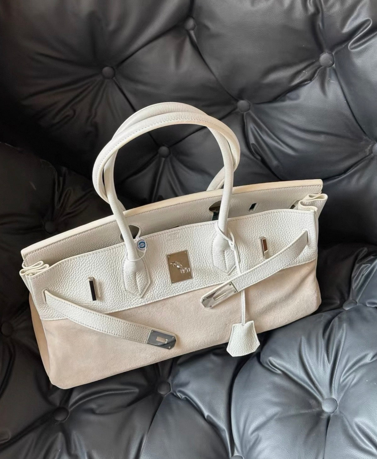 Hermes Birkin Shoulder 42 Cream White leather & Doblis suede with palladium hardware