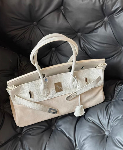 Hermes Birkin Shoulder 42 Cream White leather & Doblis suede with palladium hardware