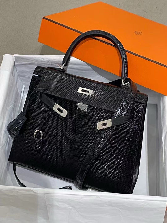 Hermes Kelly 25 Black Lizard leather palladium hardware