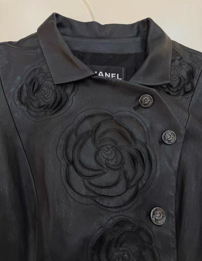 Chanel 10A black Camelia Lambskin  Leather jacket