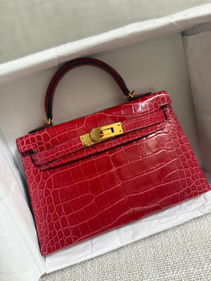 Hermes Mini Kelly 20 Sellier Braise Shiny Alligator Leather Gold Hardware