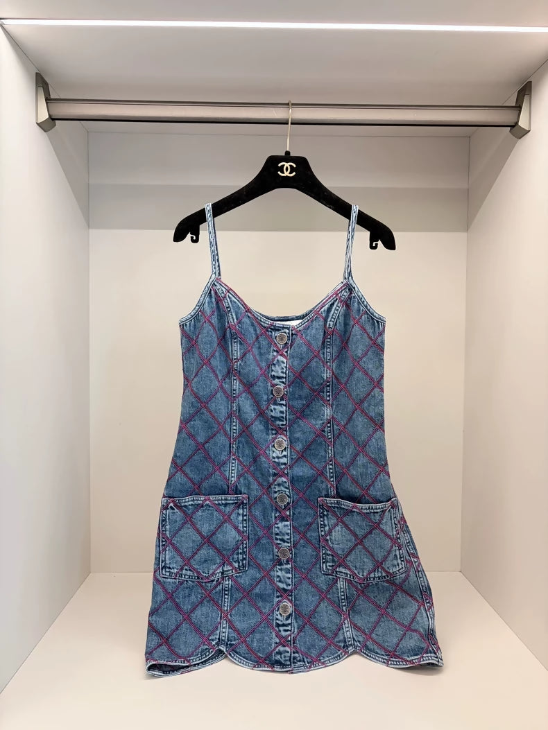 Chanel 22M Blue Diamond Pattern Denim Dress