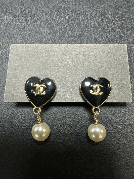 Chanel Vintage 2004 Enamel & Imitation Pearl Black Heart Dangle Earrings