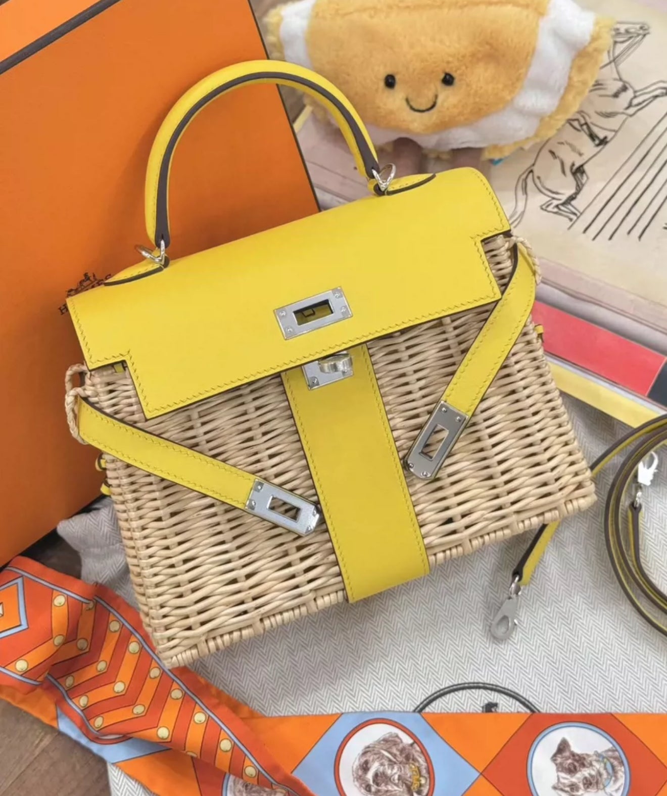 HERMÈS MINI KELLY PICNIC JAUNE DE NAPLES SWIFT & OSIER WICKER PALLADIUM HARDWARE