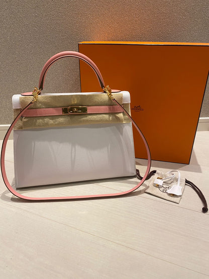 HERMES KELLY 32 SPECIAL ORDER WHITE & ROSE CONFETTI EPSOM LEATHER GOLD HARDWARE