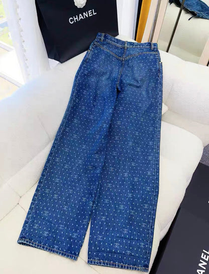 Chanel 23p popular blue polka-dot denim wide-leg pants in size 36