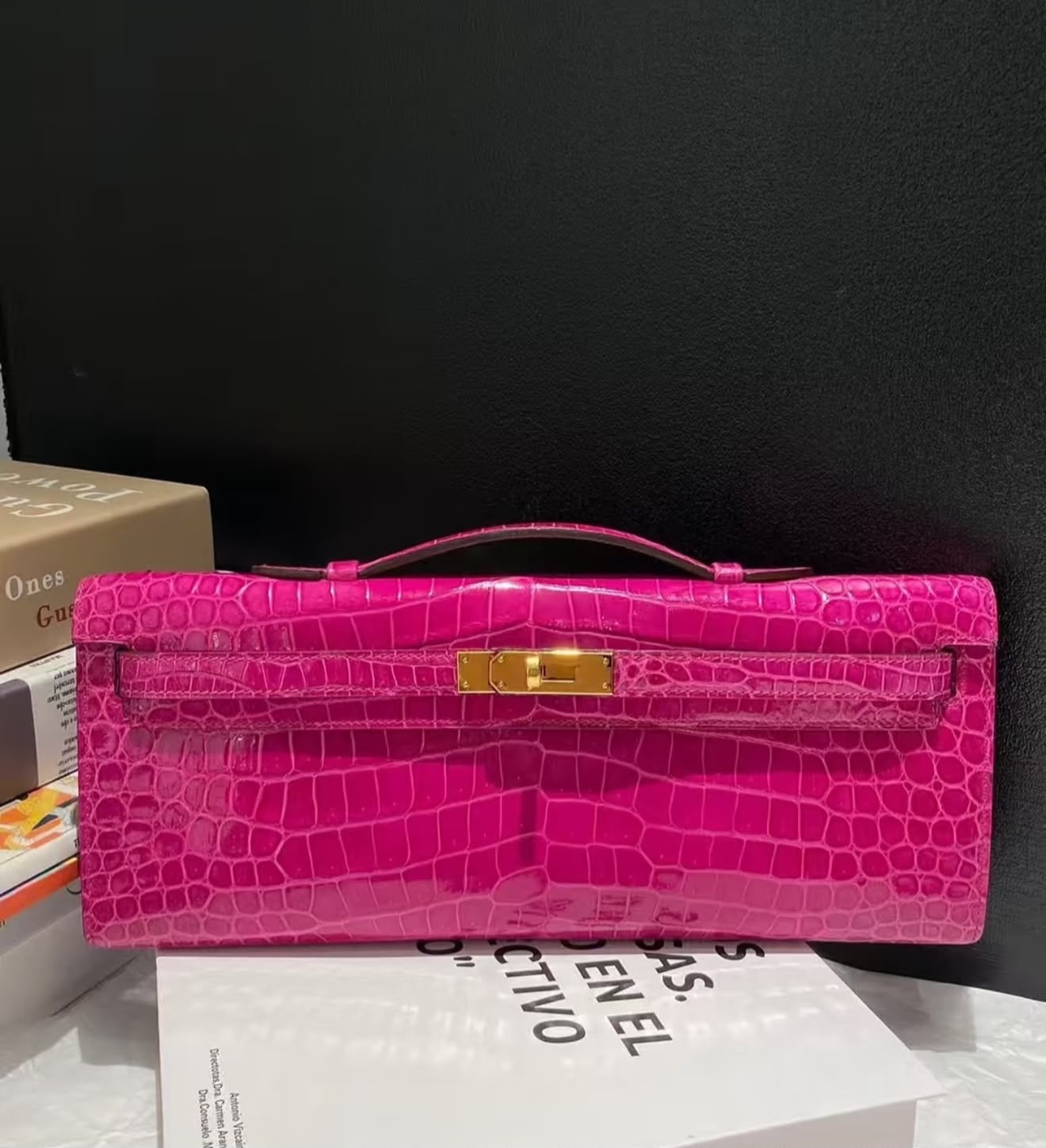 Hermes Kelly cut Rose Scheherazade Shiny croc Niloticus Gold hardware