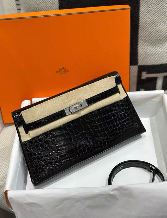 HERMES KELLY ELAN BLACK POROSUS CROCODILE SHOULDER BAG Brand New Stamp W