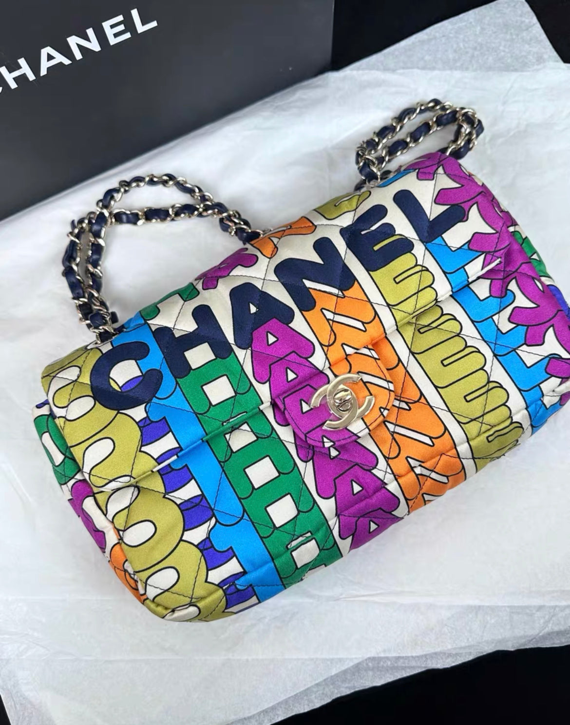 Chanel Medium Flap Bag Multicolor Rainbow Logo Nylon Light Gold Hardware