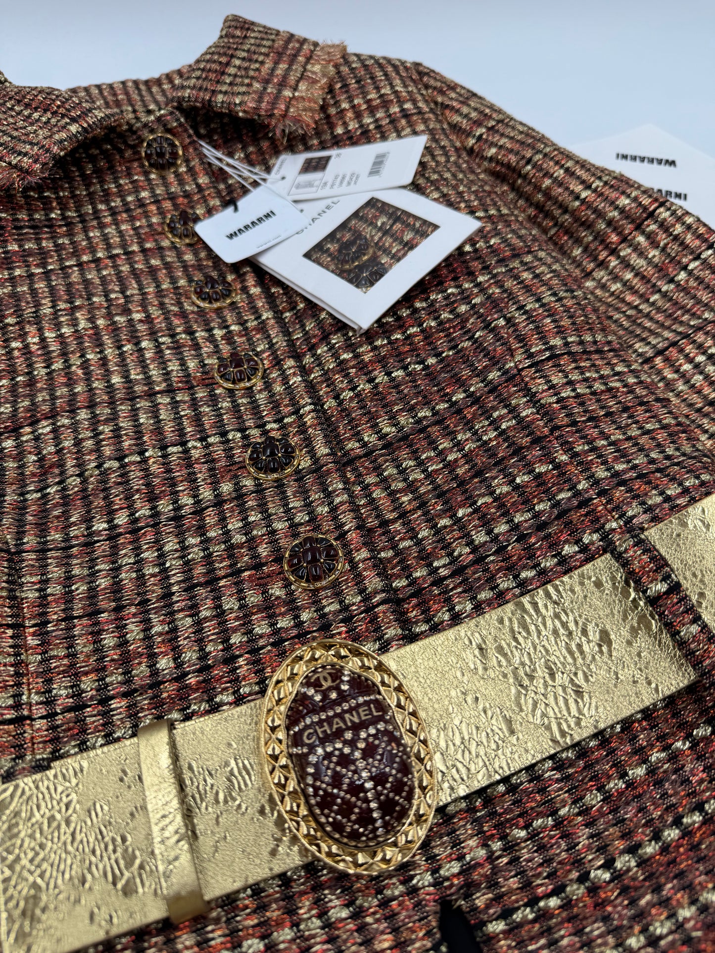 Chanel 19A Gold/Red/Black Tweed Jacket with Golden Beetle Belt