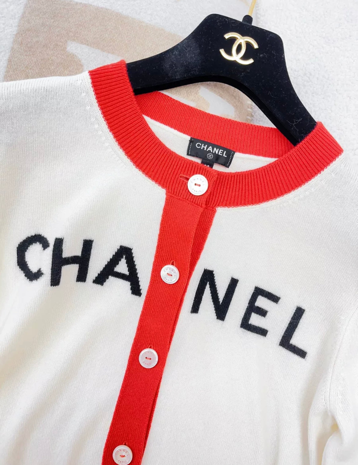 Chanel Cardigan 2019, White and red size 38