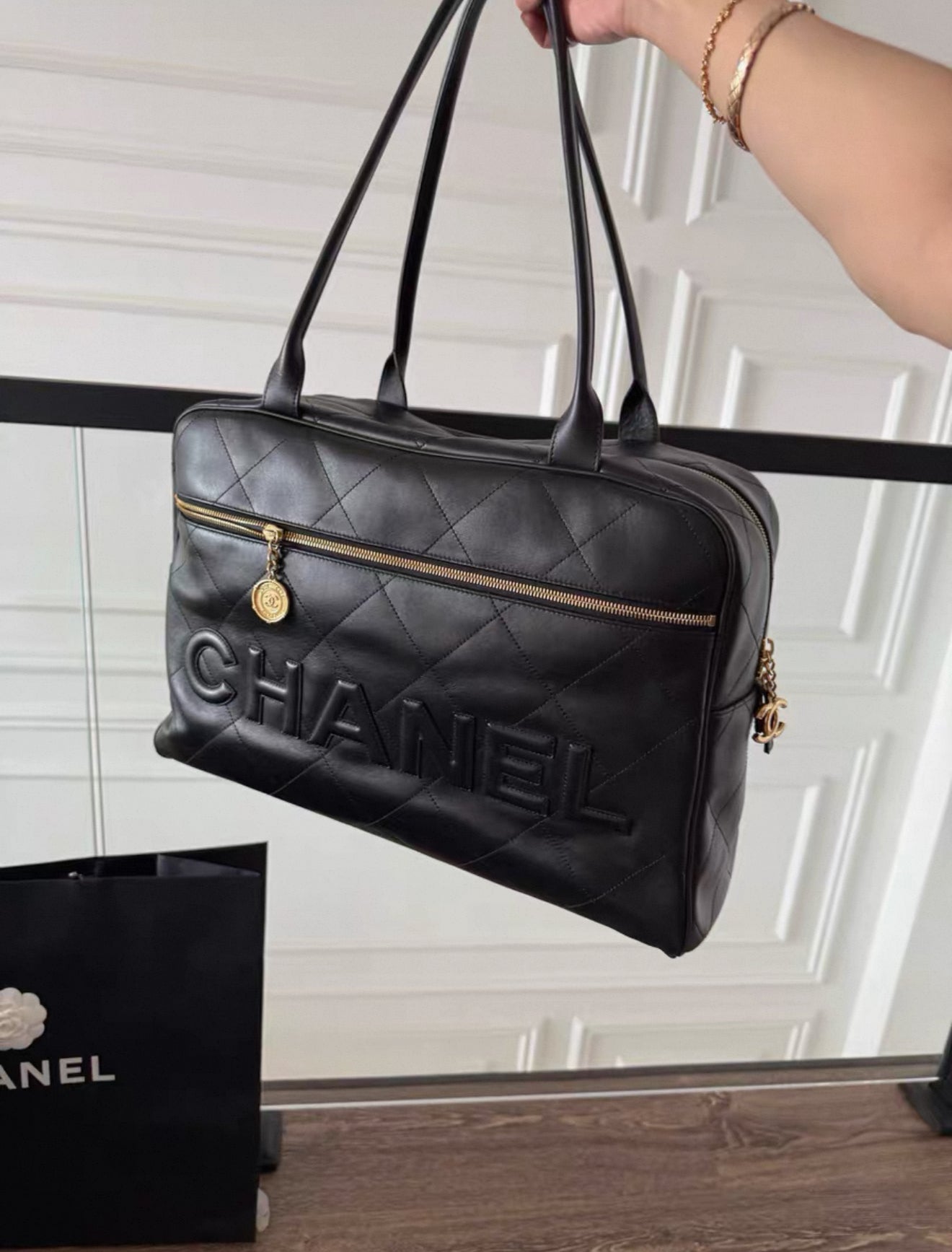Chanel 23C Black & Gold Maxi Bowling Handbag