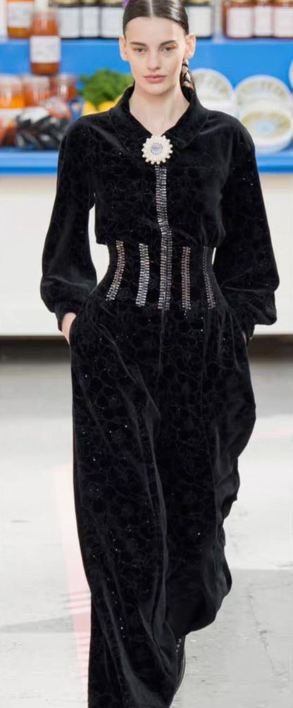 Chanel 14k Black Embroidered velvet jumpsuit