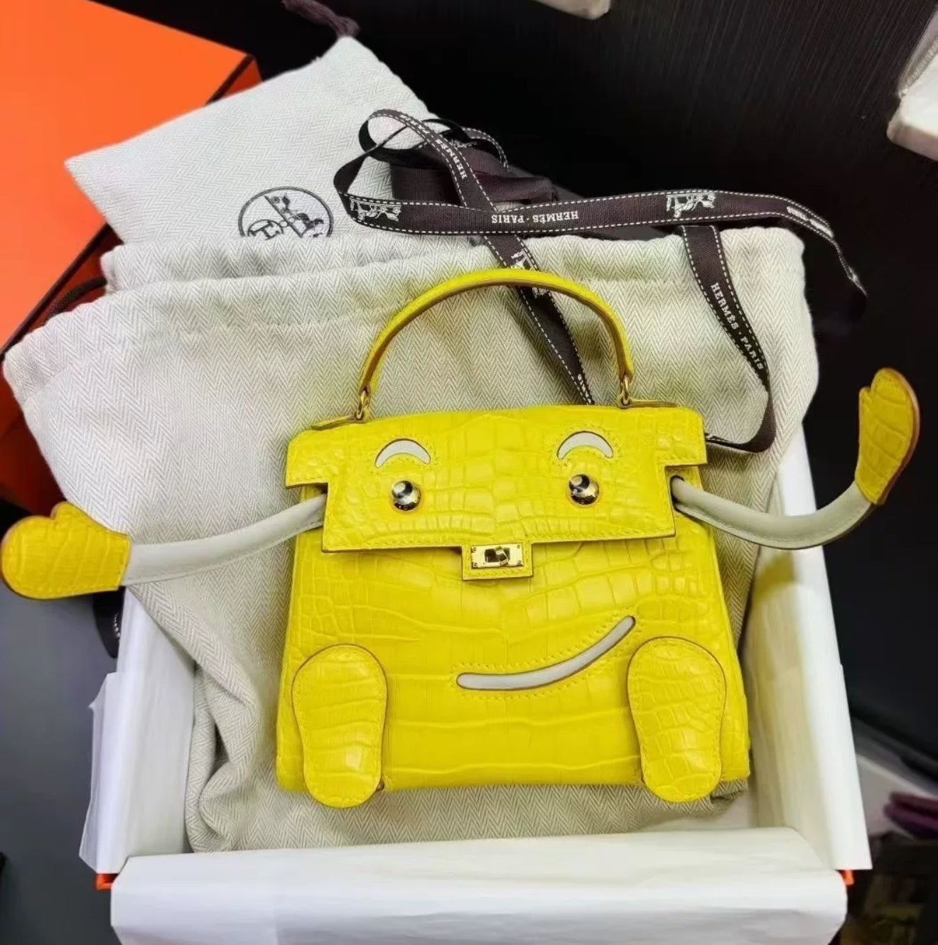 Hermès Kelly Doll Marigold Yellow Matte Alligator Pearl gray Swift