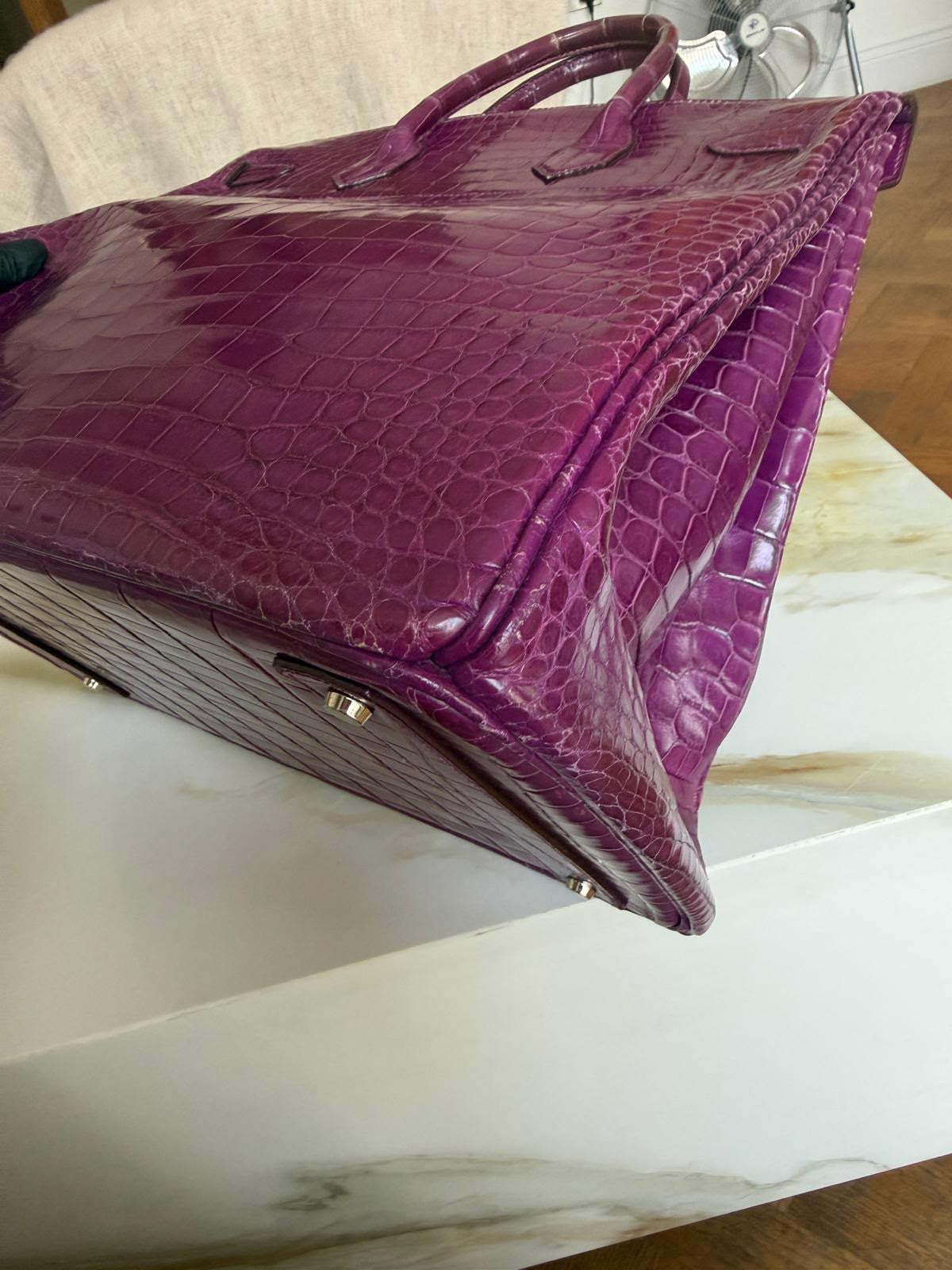 Hermes Birkin HAC 40 Violet Shiny porosus crocodile leather palladium hardware