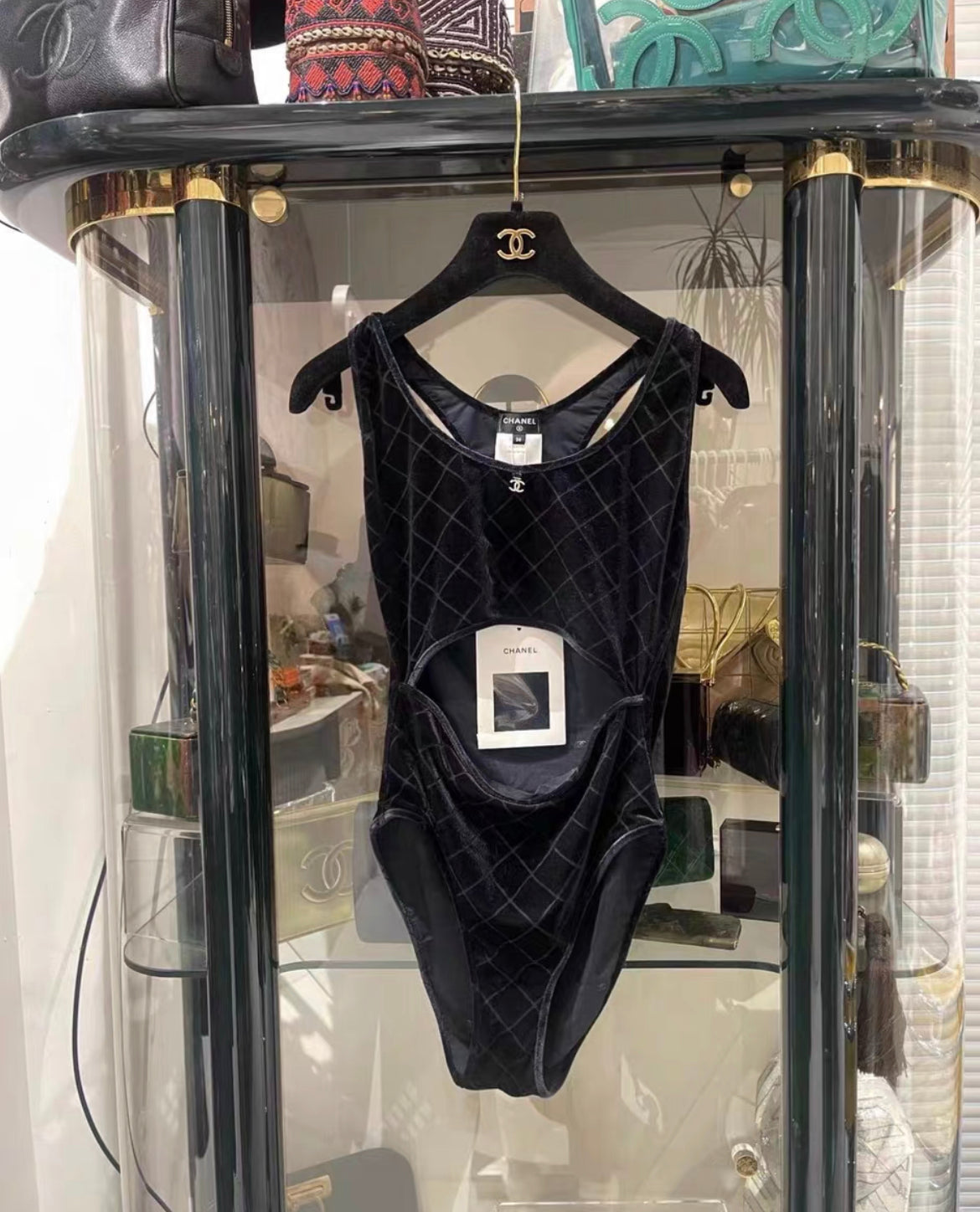 Chanel 23 Coco beach black velvet one-piece swimsuit size 36