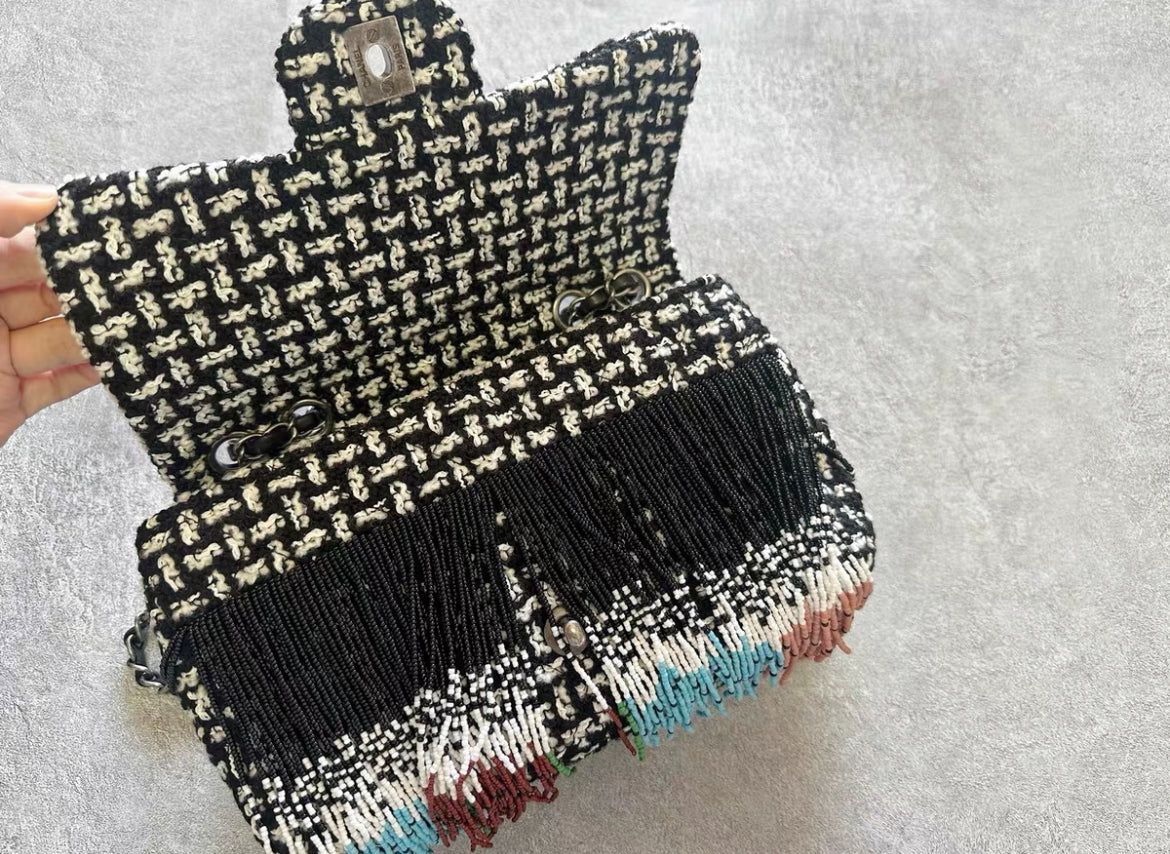 Chanel Dallas Metiers D'art 2014 Multi Color Beaded Fringe Rare Tweed Classic Flap Shoulder Bag