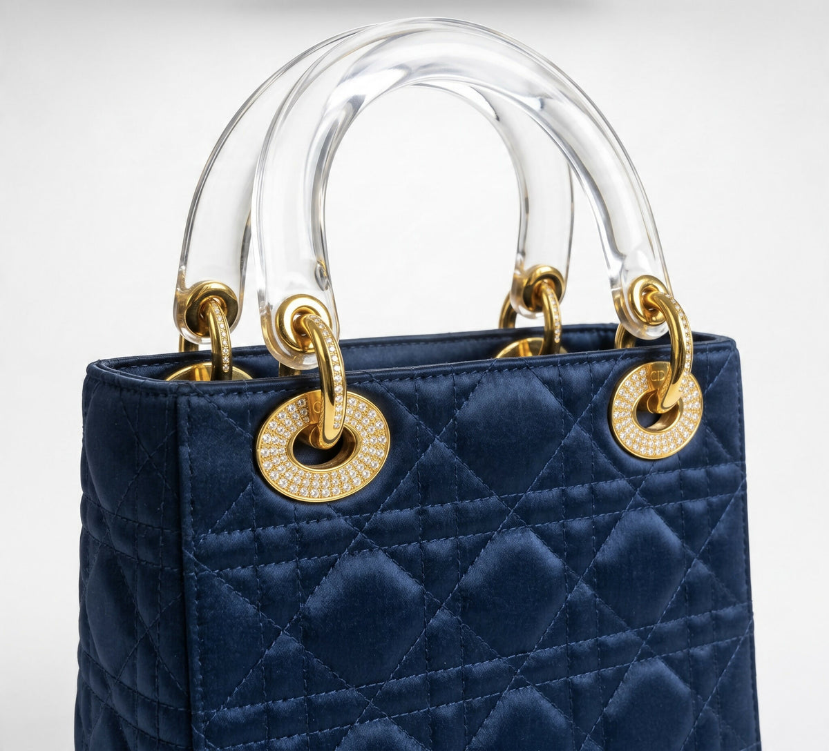 Dior Mini Lady Dior Navy Blue Gold Crystals Lucite Silk Handbag