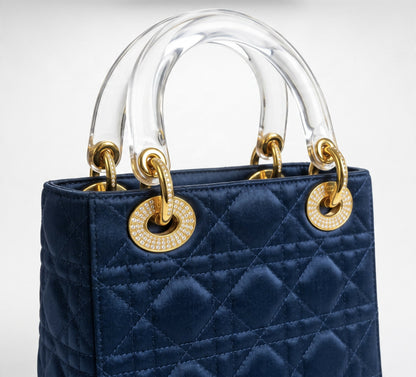 Dior Mini Lady Dior Navy Blue Gold Crystals Lucite Silk Handbag