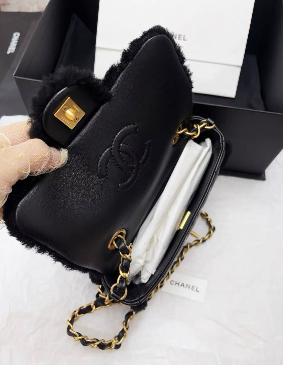 Chanel 2024 Black Sheepskin Teddy Bag Mini