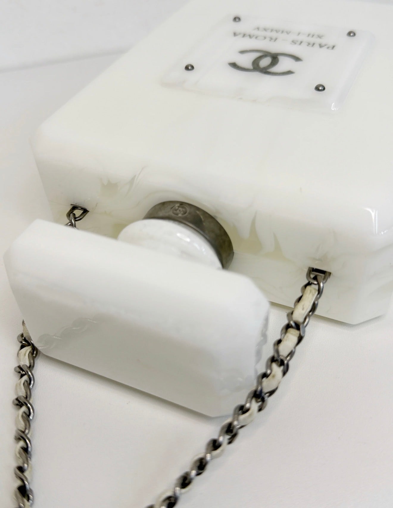 Chanel 2016 Paris-Rome White Marble No 5 Perfume Bottle Minaudiere Clutch