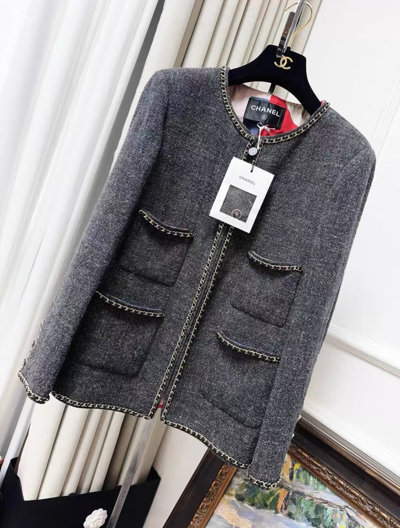Chanel 19b Gray Tweed with gold Chain jacket