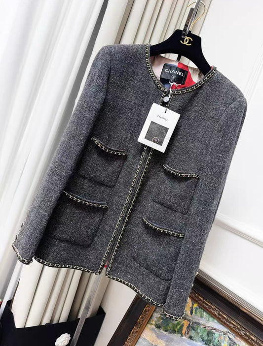 Chanel 19b Gray Tweed with gold Chain jacket
