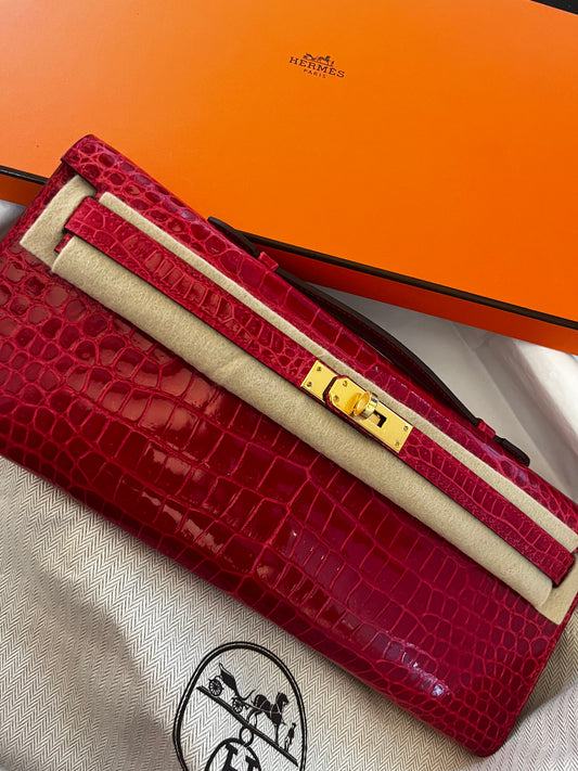 Hermes Kelly cut Braise shiny porosus crocodile leather gold hardware