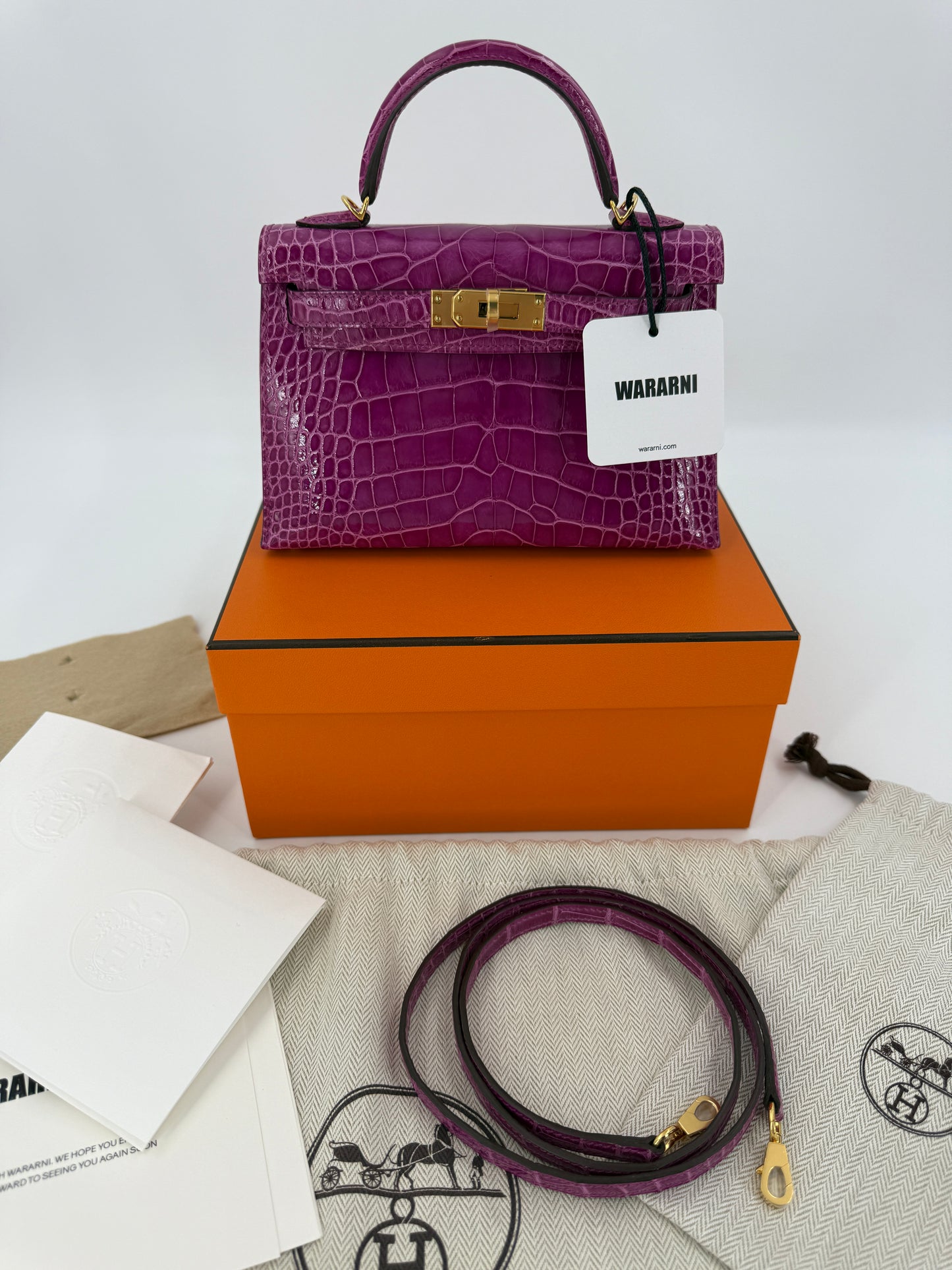 Hermes Mini Kelly 20 Rose Scheherazade Shiny Alligator Gold hardware