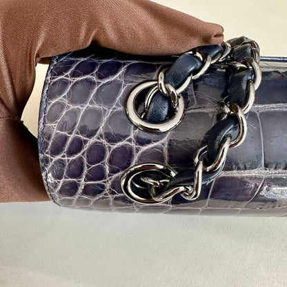 CHANEL SHINY BLUE ALLIGATOR CLASSIC FLAP BAG WITH SILVER HARDWARE