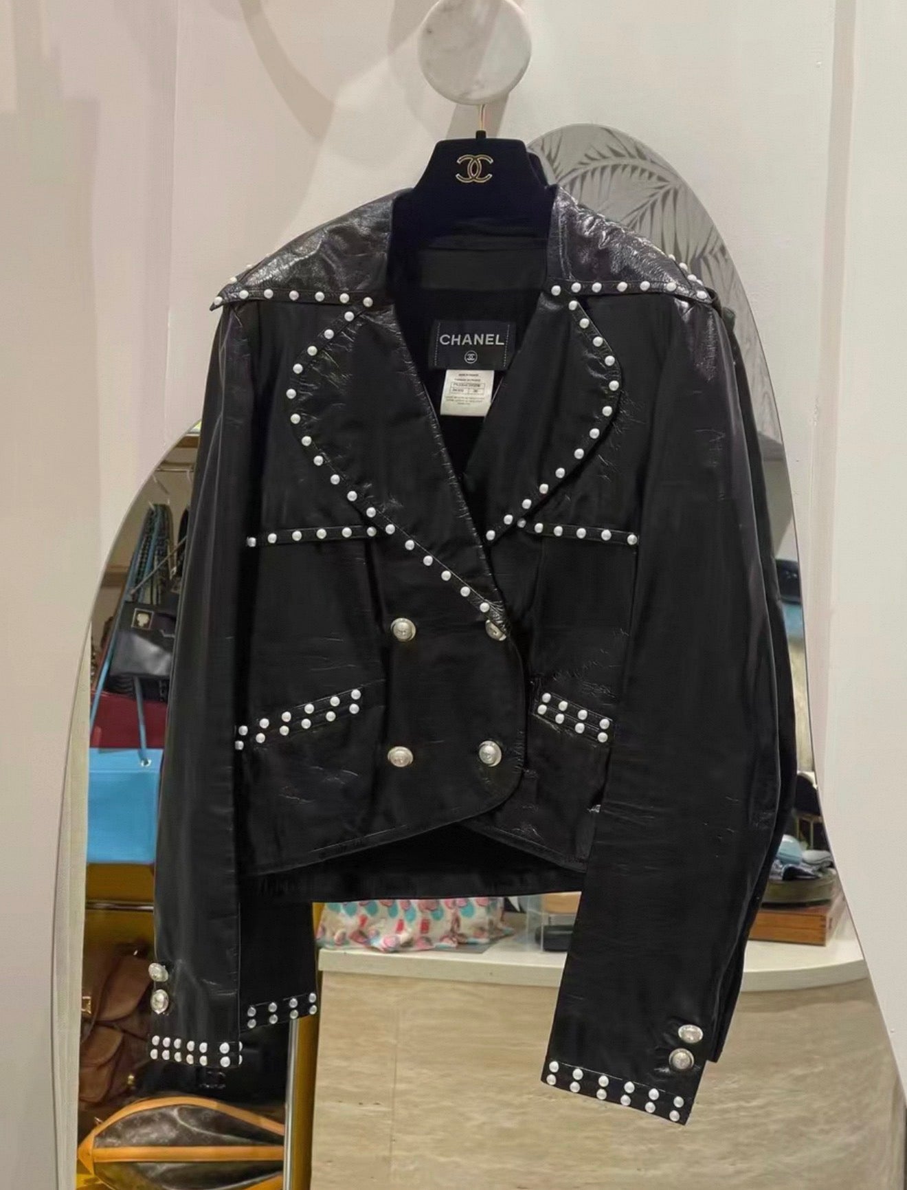 Chanel 17k Pearl black leather jacket
