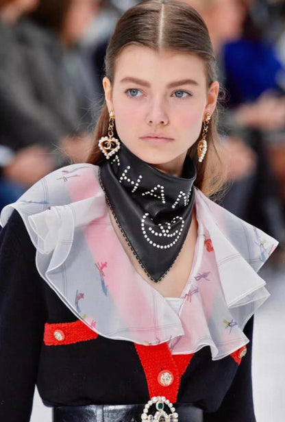 Chanel 2019 Scarf CC lack Leather and Golden Chain Scarf Bandana