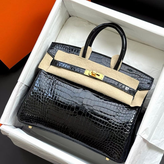 Hermes Birkin 25 Black Shiny Porosus Gold hardware