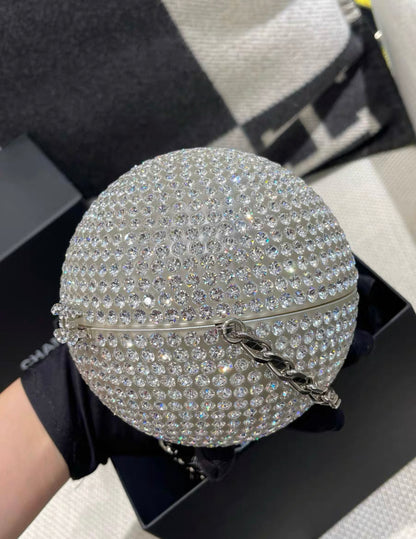 CHANEL Plexiglass Strass CC Round Minaudiere Clutch Silver