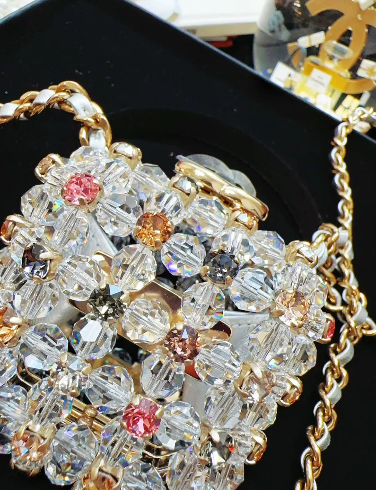 chanel 23C Rainbow Strass, Clear Crystal Embellished Micro Mini CC Evening Bag Gold Hardware