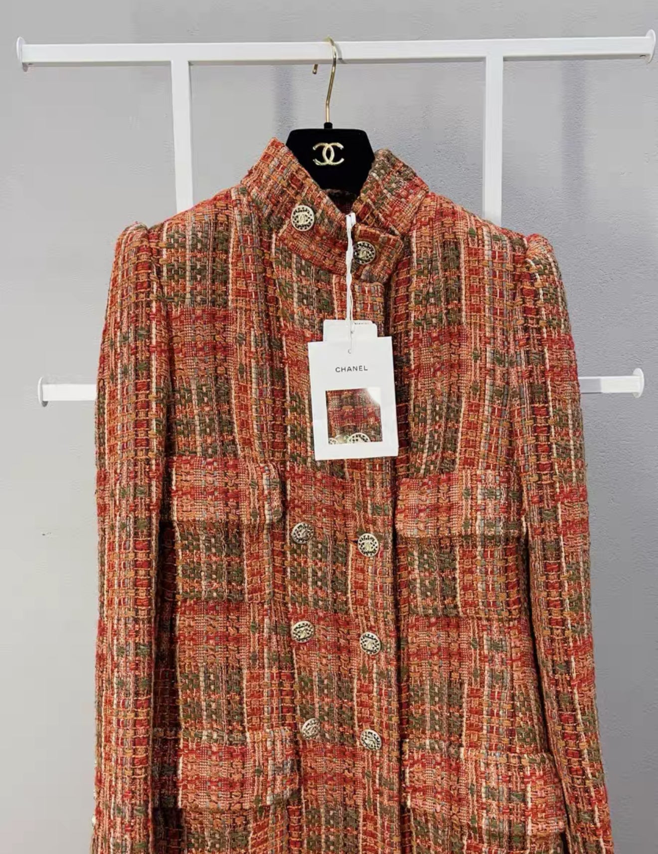 Chanel 21A Red, Orange, Green & Black tweed coat