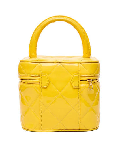 CHANEL 1995 VINTAGE "BARBIE" YELLOW PATENT HEART-MIRROR VANITY CASE BAG