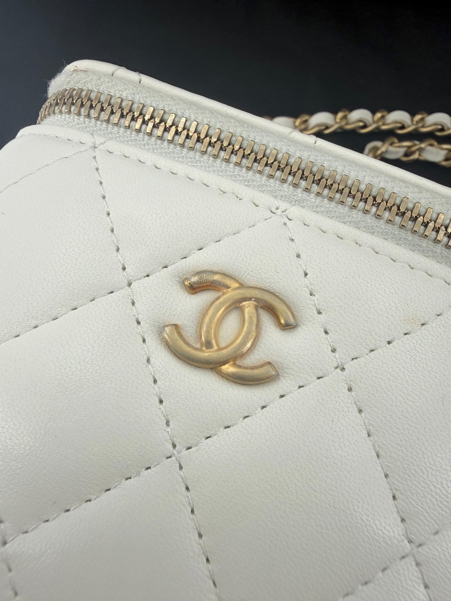 Chanel ecru mini vanity case gold chain hardware