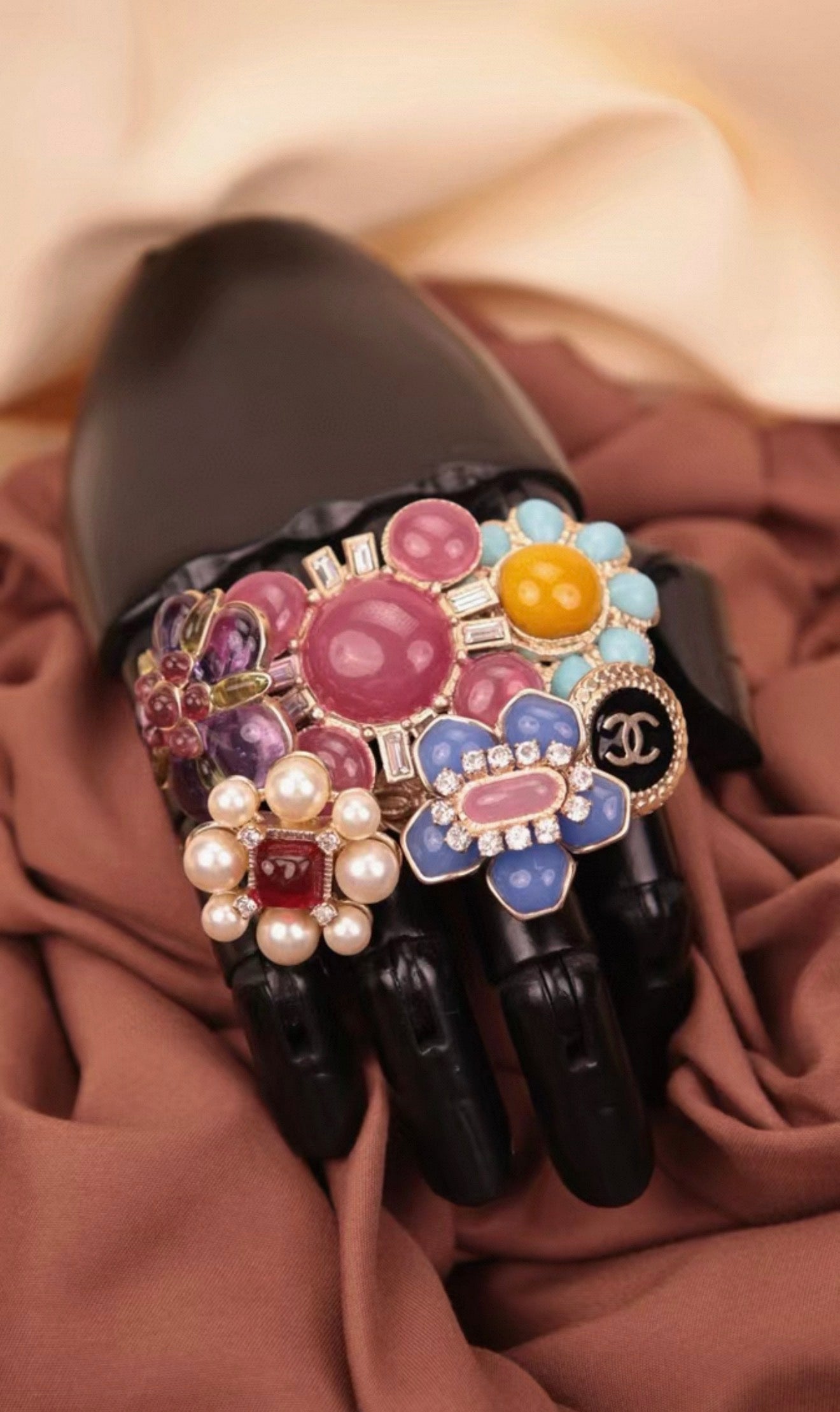 Chanel 2009 Colored Glass Flower and Pearl Ring