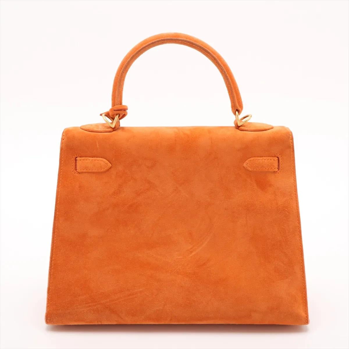 Hermes Kelly 25 Orange Doblis Suede Leather Gold Hardware
