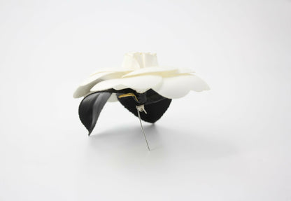Chanel Vintage 81-85 Velvet Black Leaf White Camellia Brooch