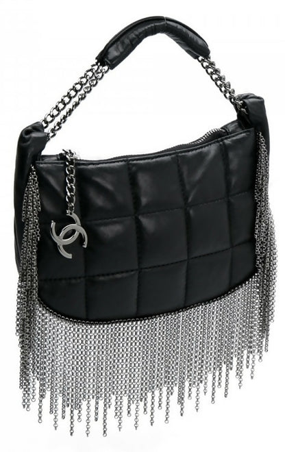 Rare Chanel 02A Mini Black Quilted Lambskin Silver CC Chain Fringe Bag