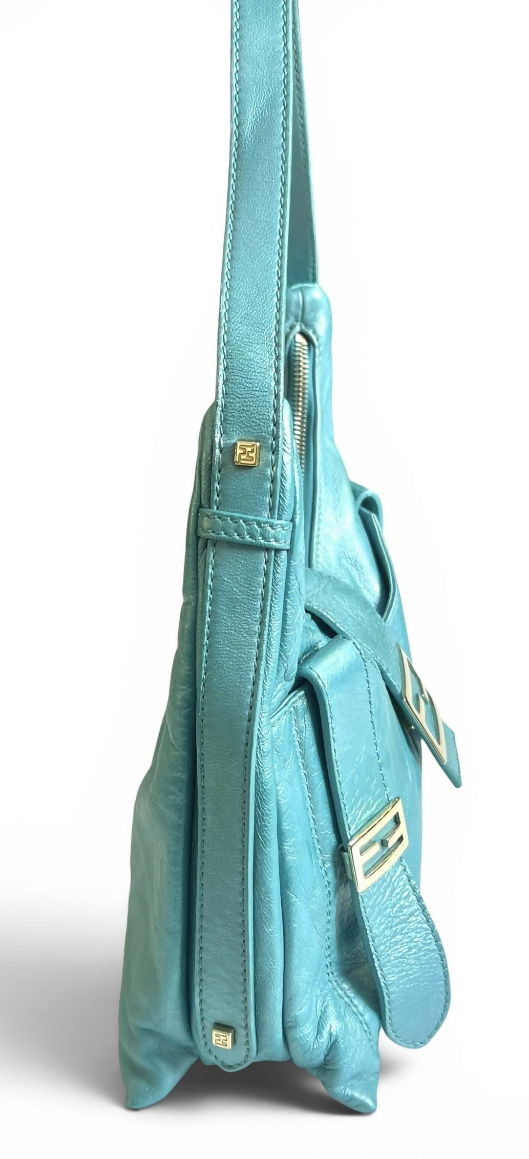 Rare Vintage Fendi Metallic Tiffany Blue Leather Sweet Hobo Baguette Bag SHW
