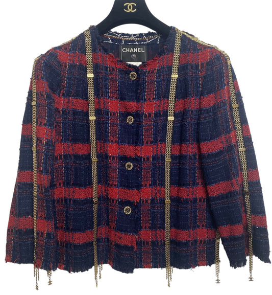 RARE CHANEL 08P RUNWAY BLUE RED GOLD CC CHAINS TWEED JACKET FR 44