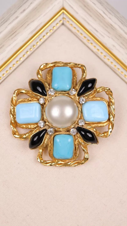 Chanel 1997 Tiffany Blue Glass Pearl Cross Brooch Pendant